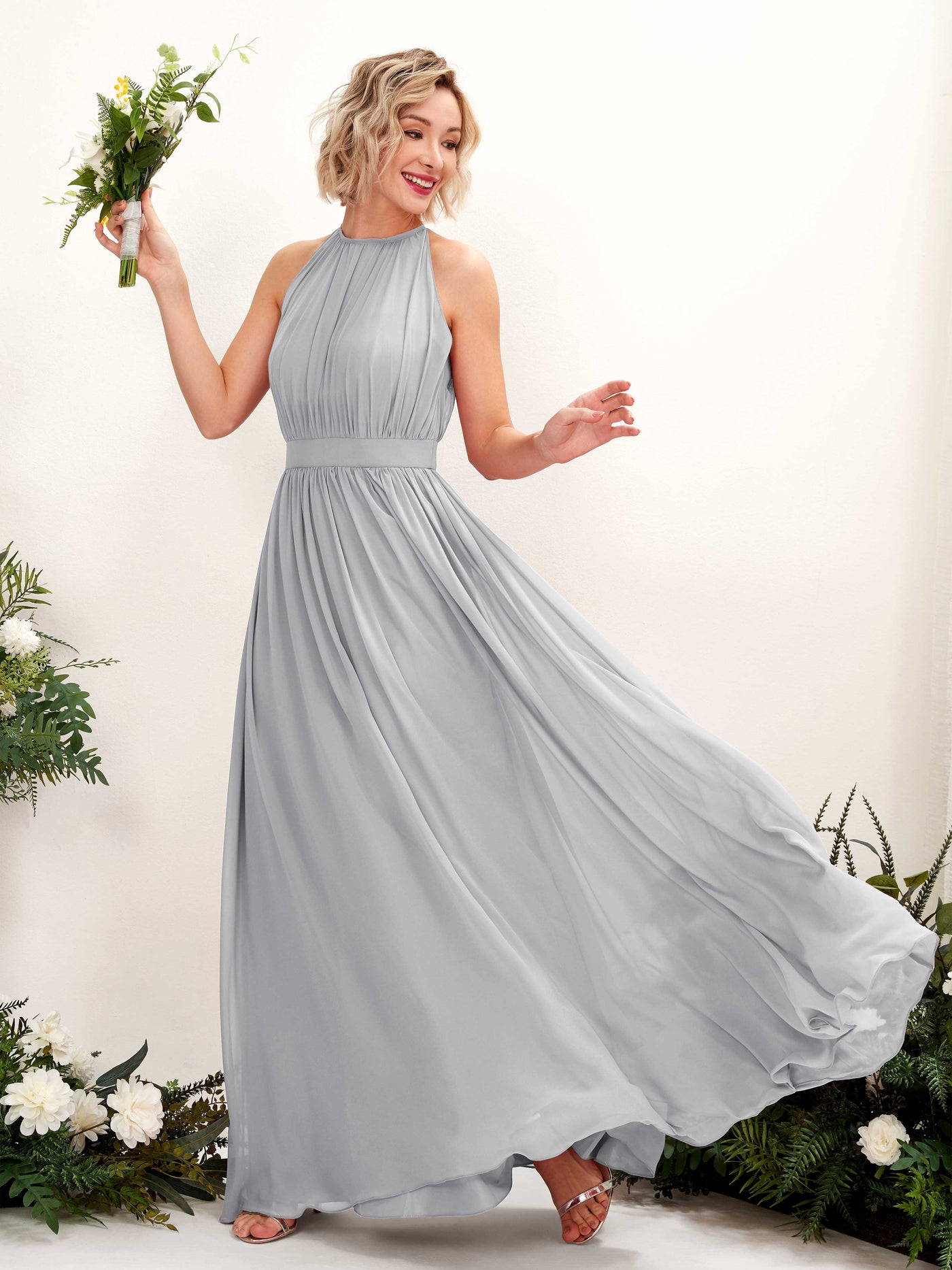 Halter Sleeveless Chiffon Bridesmaid Dress - Silver (81223127)#color_silver