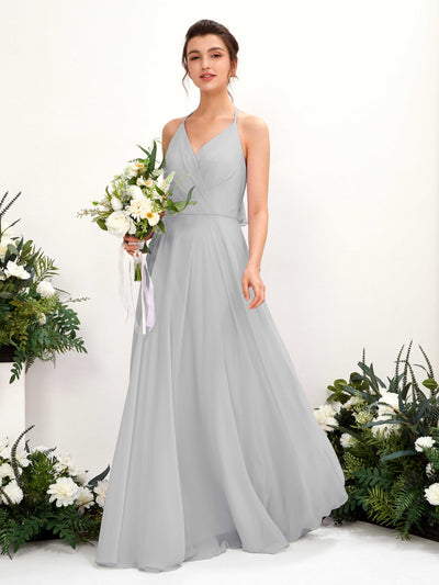 Carlyna Launo A-Line Silver Bridesmaid Dress Maxi Sleeveless V-Neck Dress #color_silver