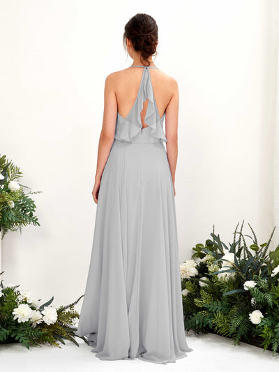 Carlyna Launo A-Line Silver Bridesmaid Dress Maxi Sleeveless V-Neck Dress #color_silver
