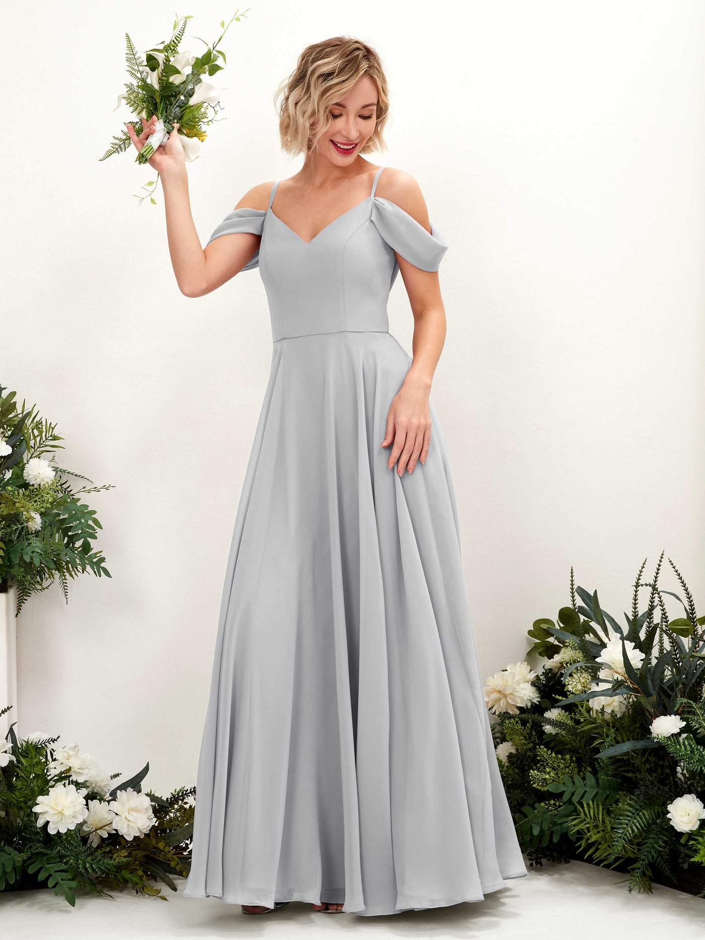 Off Shoulder Straps V-neck Sleeveless Chiffon Bridesmaid Dress - Silver (81224927)#color_silver