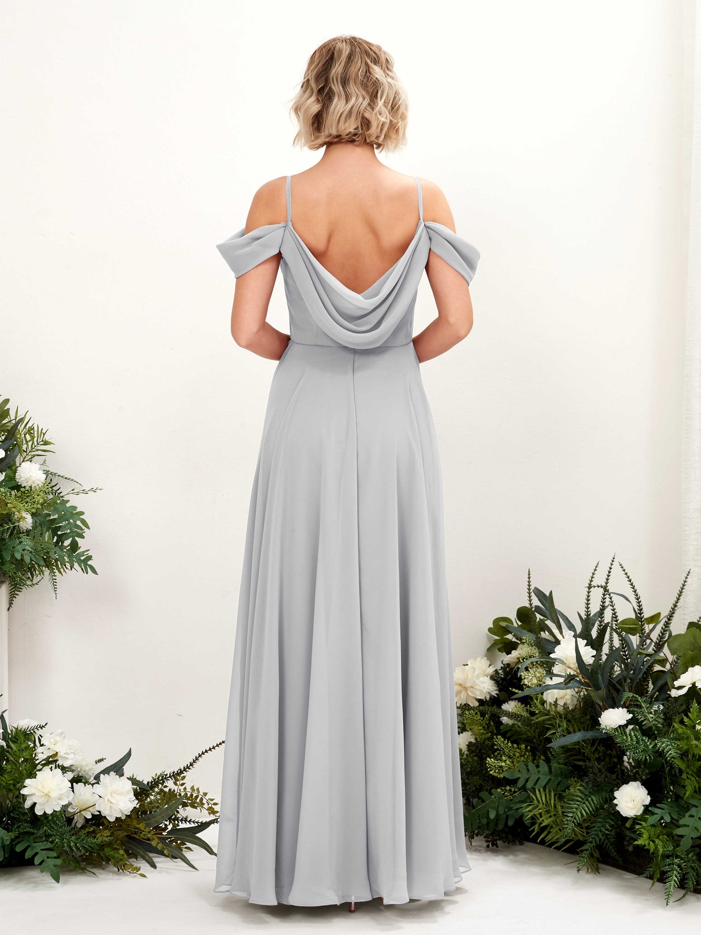 Off Shoulder Straps V-neck Sleeveless Chiffon Bridesmaid Dress - Silver (81224927)#color_silver