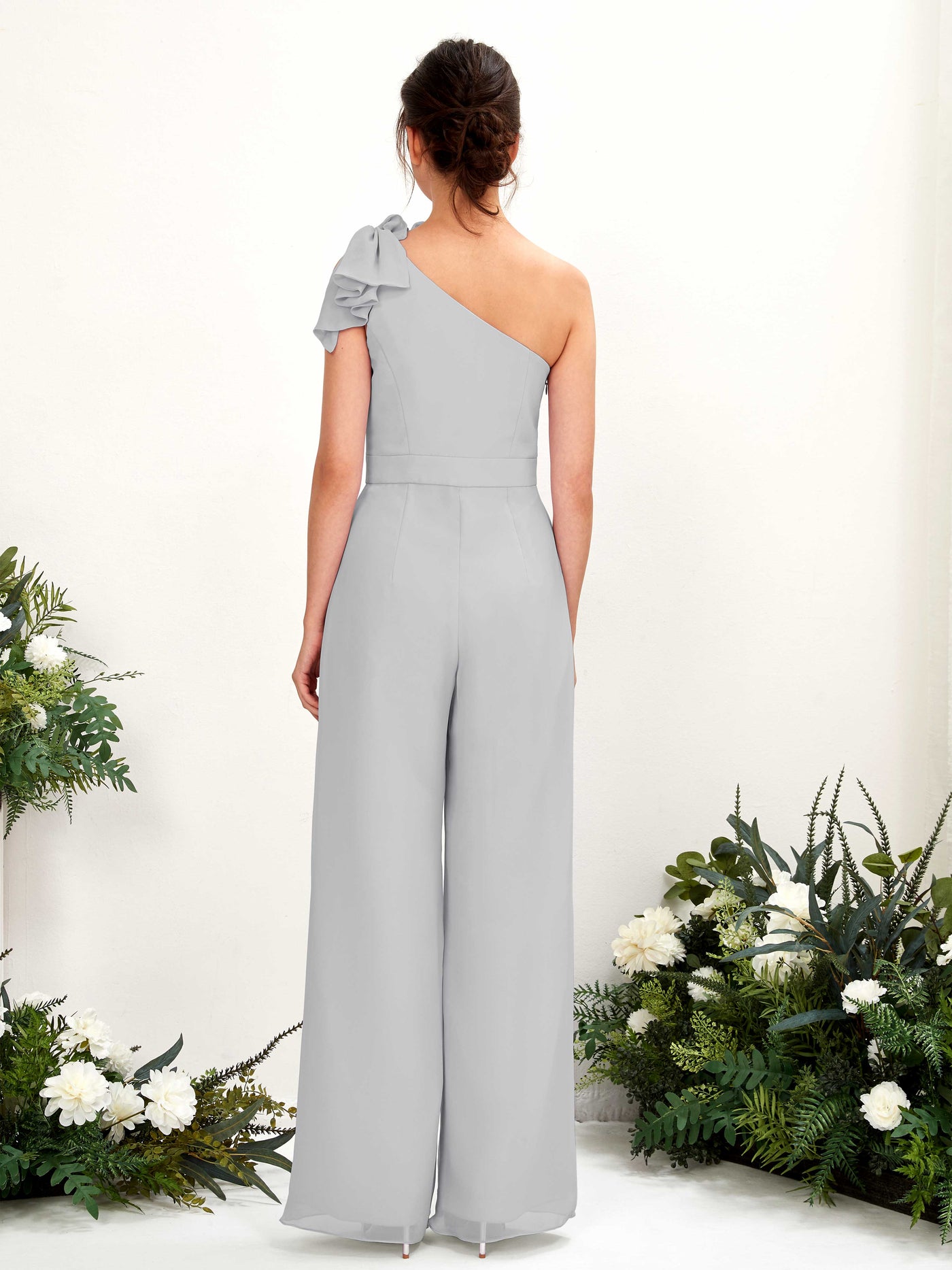 One Shoulder Sleeveless Chiffon Bridesmaid Wide-Leg Jumpsuit - Silver (81220827)#color_silver