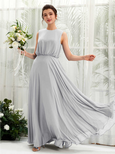 Carlyna Alma A-Line Silver Bridesmaid Dress Maxi Sleeveless Round Neck Dress Front View #color_silver
