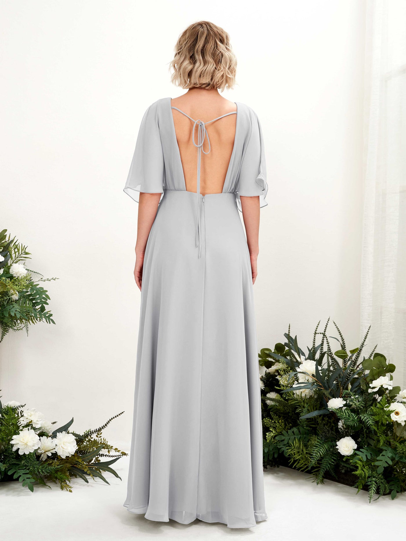 V-neck 1/2 Sleeves Chiffon Bridesmaid Dress - Silver (81225127)#color_silver