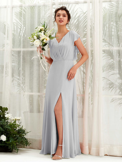 Carlyna Annie A-Line Silver Bridesmaid Dress Maxi Cap Sleeve V-Neck Dress Front View #color_silver