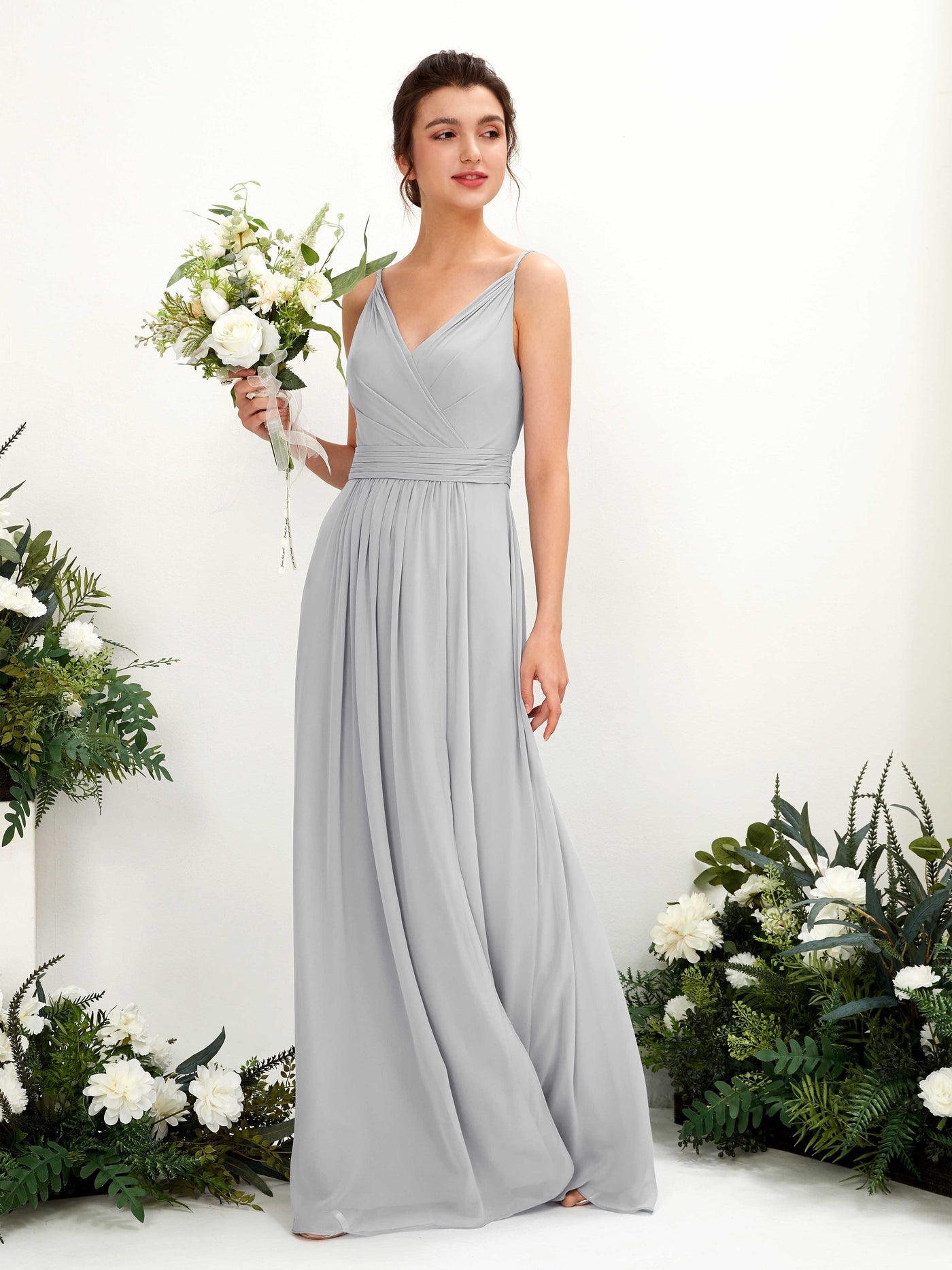 Spaghetti-straps V-neck Sleeveless Bridesmaid Dress - Silver (81223927)#color_silver