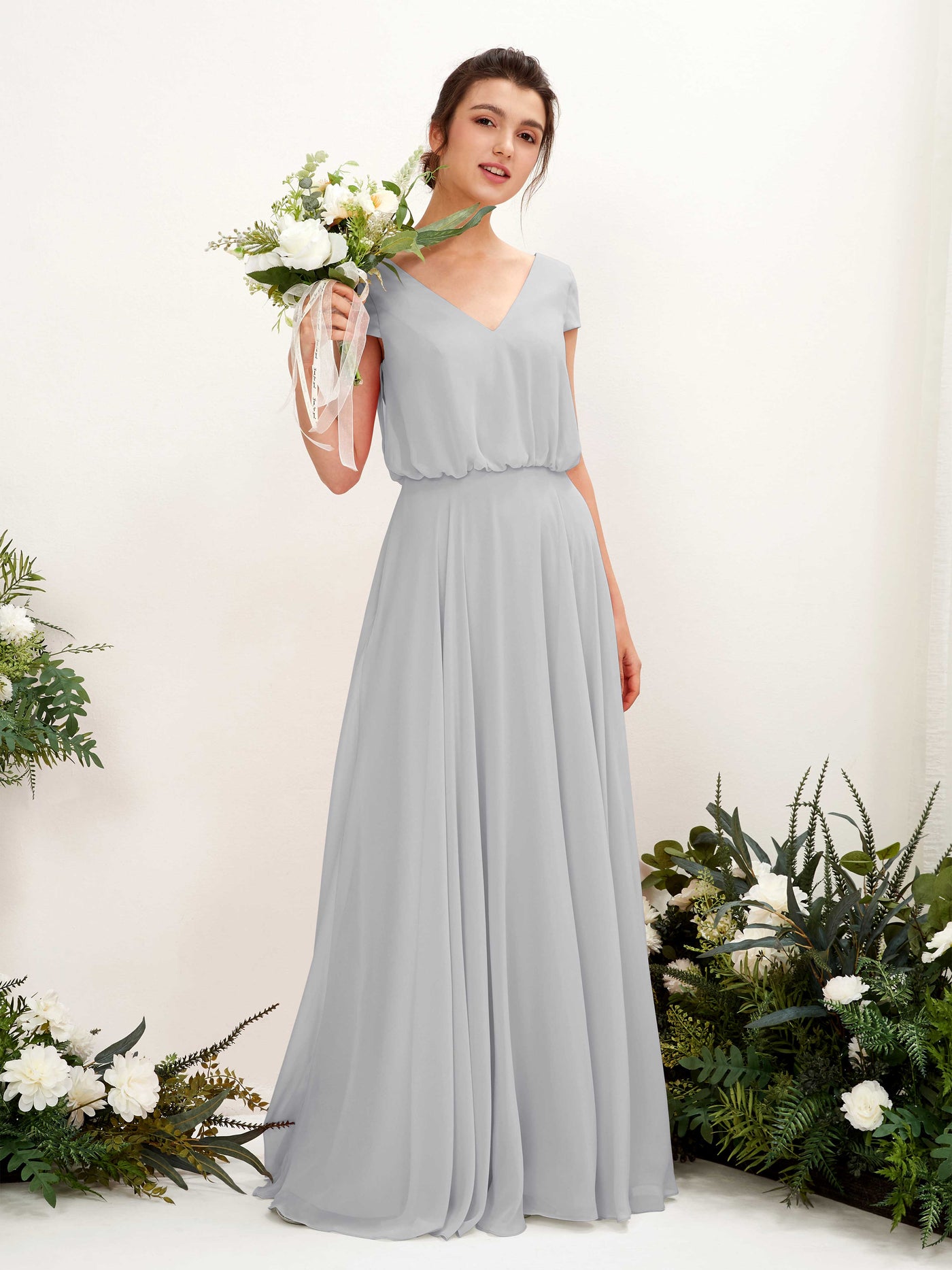 V-neck Cap Sleeves Chiffon Bridesmaid Dress - Silver (81221827)#color_silver