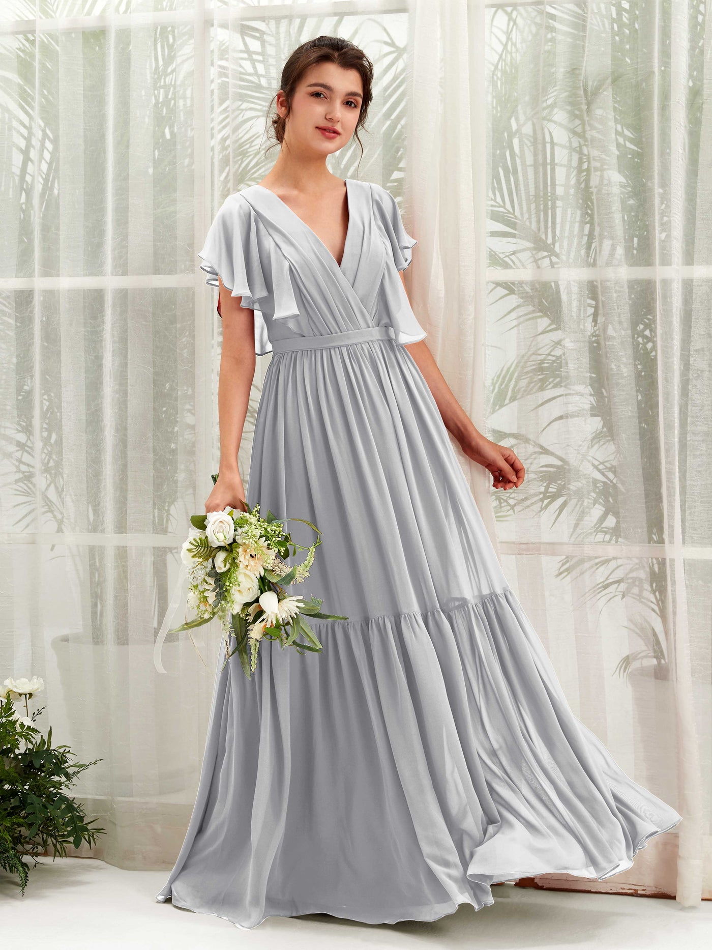 V-neck Cap Sleeves Chiffon Bridesmaid Dress - Silver (81225927)#color_silver