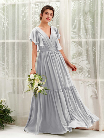 Carlyna Chaya A-Line Silver Bridesmaid Dress Maxi Cap Sleeve V-Neck Dress Front View #color_silver