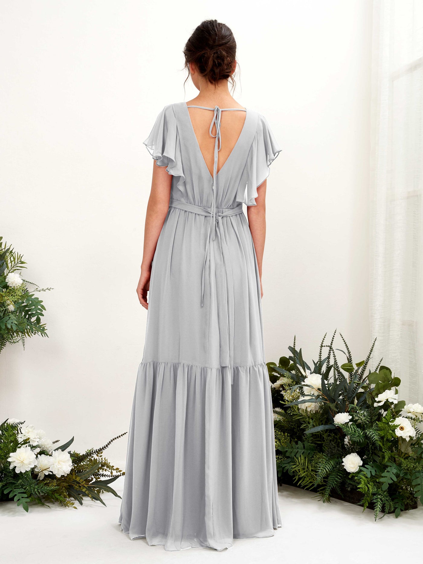 V-neck Cap Sleeves Chiffon Bridesmaid Dress - Silver (81225927)#color_silver