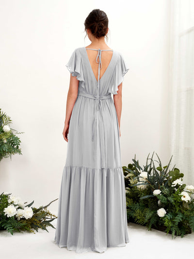 Carlyna Chaya A-Line Silver Bridesmaid Dress Maxi Cap Sleeve V-Neck Dress Back View #color_silver