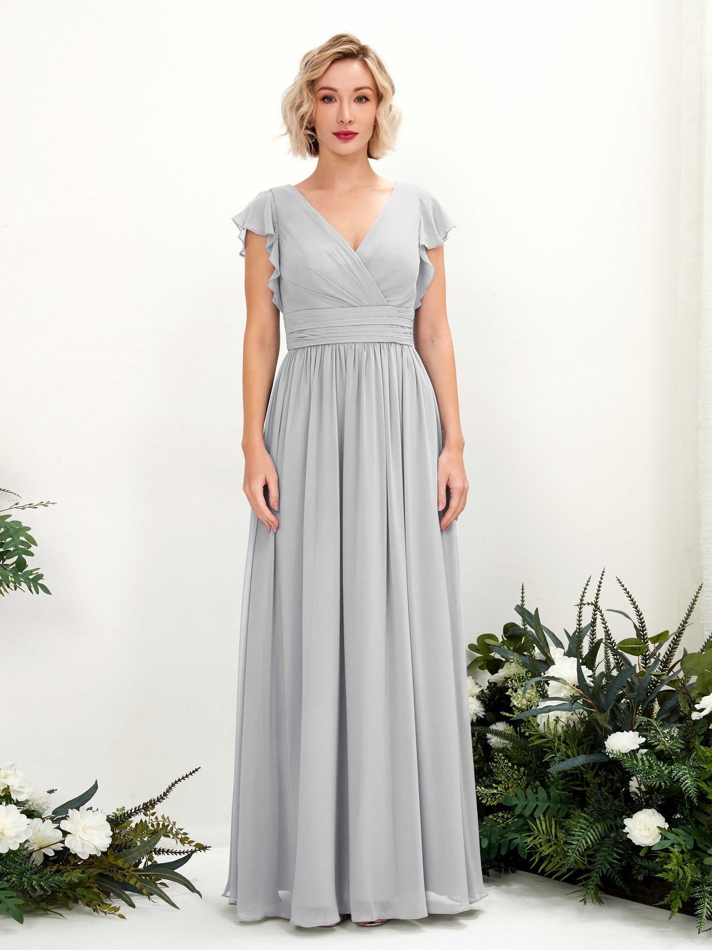 V-neck Short Sleeves Chiffon Bridesmaid Dress - Silver (81222727)#color_silver
