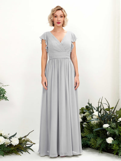 Carlyna Grino A-Line Silver Bridesmaid Dress Maxi Cap Sleeve V-Neck Dress Front View #color_silver