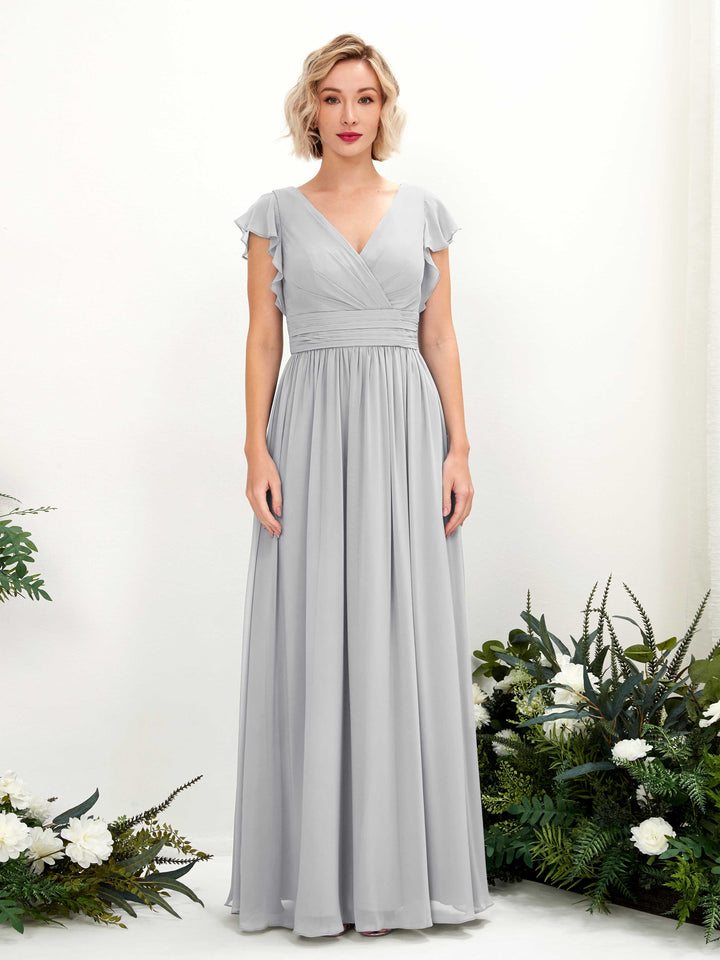 V-neck Short Sleeves Chiffon Bridesmaid Dress - Silver (81222727)