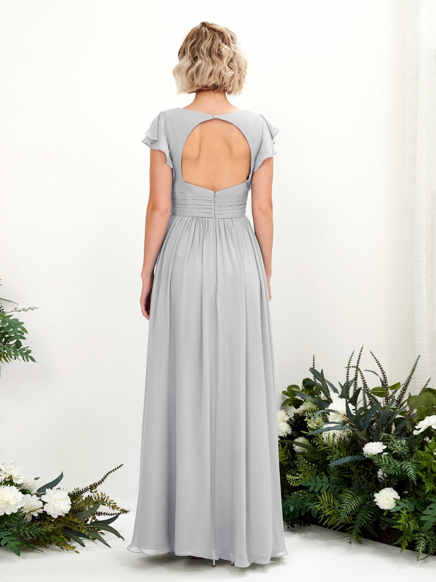 V-neck Short Sleeves Chiffon Bridesmaid Dress - Silver (81222727)#color_silver