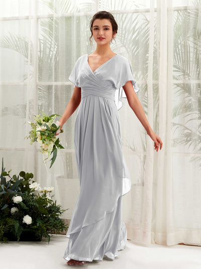 Carlyna Darlene A-Line Silver Bridesmaid Dress Maxi Short Sleeve V-Neck Dress Front View #color_silver
