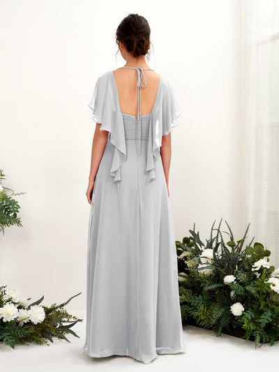Carlyna Darlene A-Line Silver Bridesmaid Dress Maxi Short Sleeve V-Neck Dress Back View #color_silver