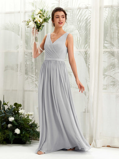 Carlyna Barbara A-Line Silver Bridesmaid Dress Maxi Sleeveless V-Neck Dress Front View #color_silver