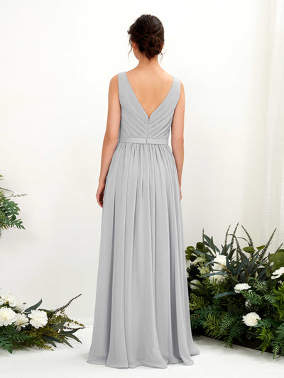 Carlyna Barbara A-Line Silver Bridesmaid Dress Maxi Sleeveless V-Neck Dress Back View #color_silver