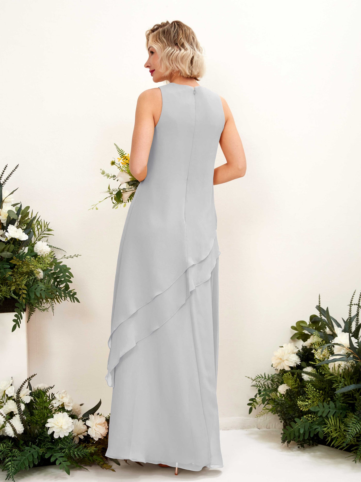 Round Sleeveless Chiffon Bridesmaid Dress - Silver (81222327)#color_silver