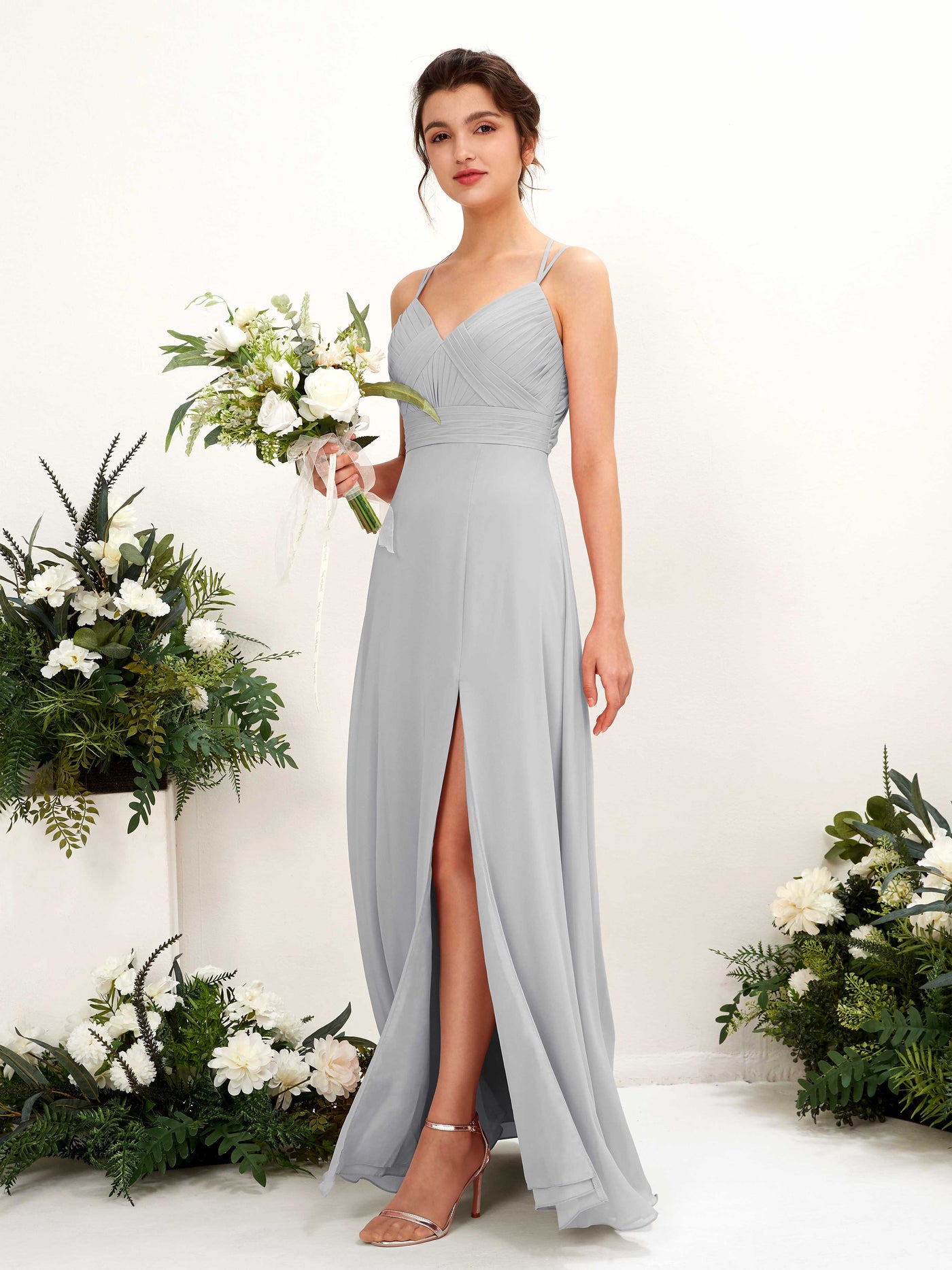 Straps V-neck Sleeveless Chiffon Bridesmaid Dress - Silver (81225427)#color_silver