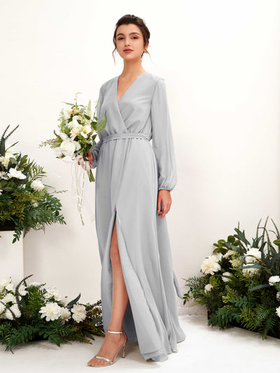 Carlyna Elsie A-Line Silver Bridesmaid Dress Maxi Long Sleeve V-Neck Front View #color_silver