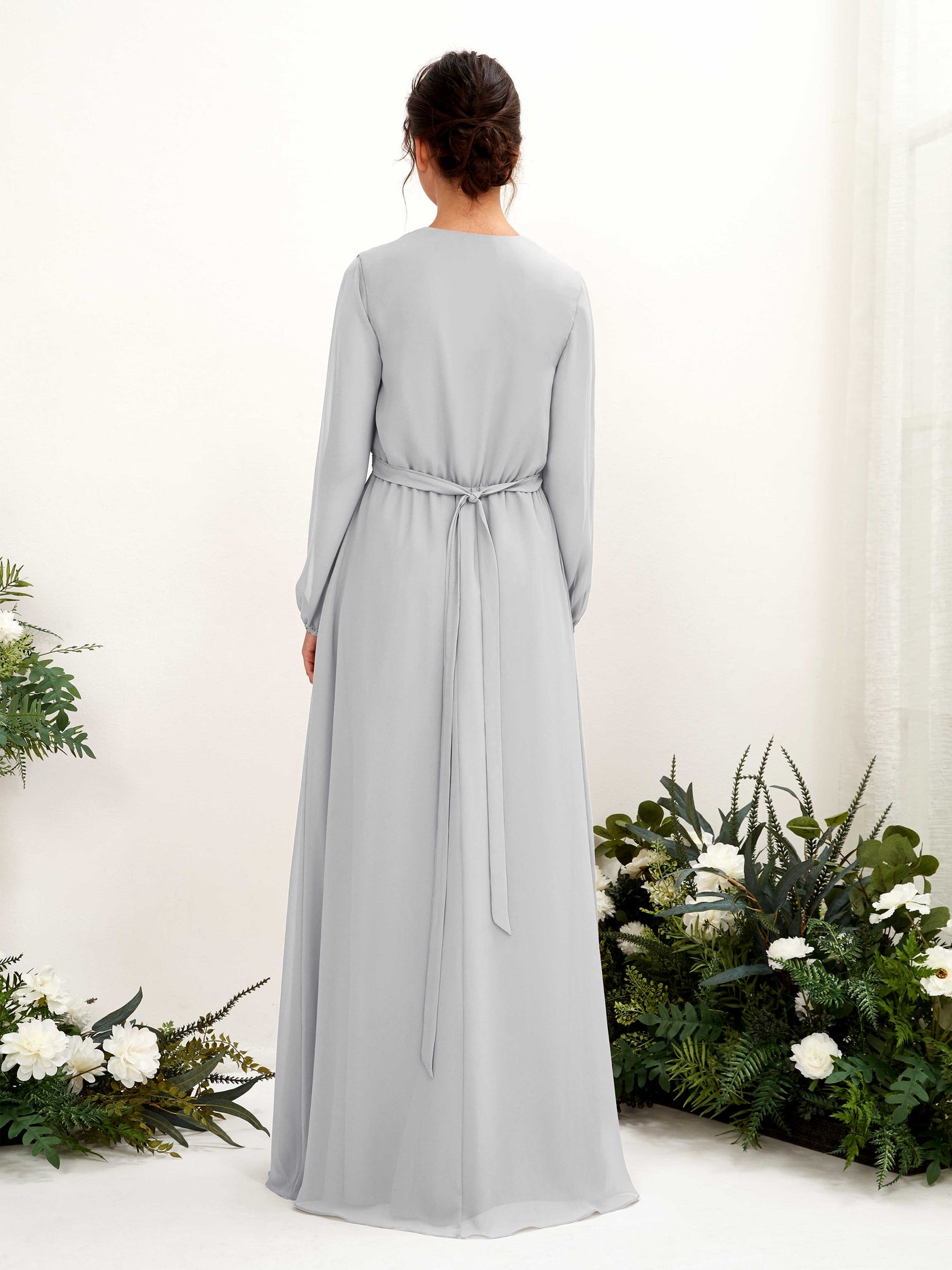 V-neck Long Sleeves Chiffon Bridesmaid Dress - Silver (81223227)#color_silver