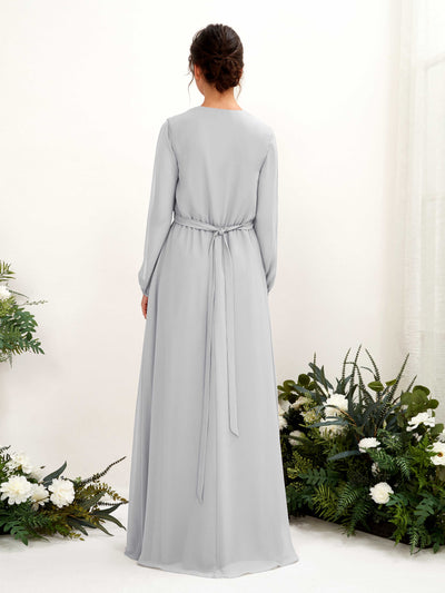 Carlyna Elsie A-Line Silver Bridesmaid Dress Maxi Long Sleeve V-Neck Back View #color_silver