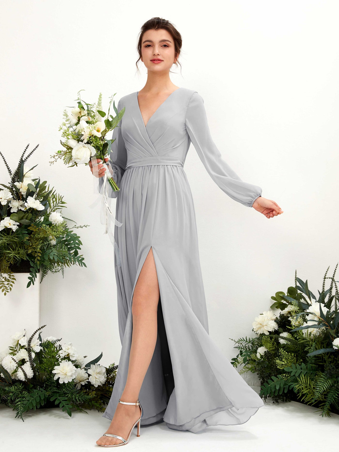 V-neck Long Sleeves Chiffon Bridesmaid Dress - Silver (81223827)#color_silver