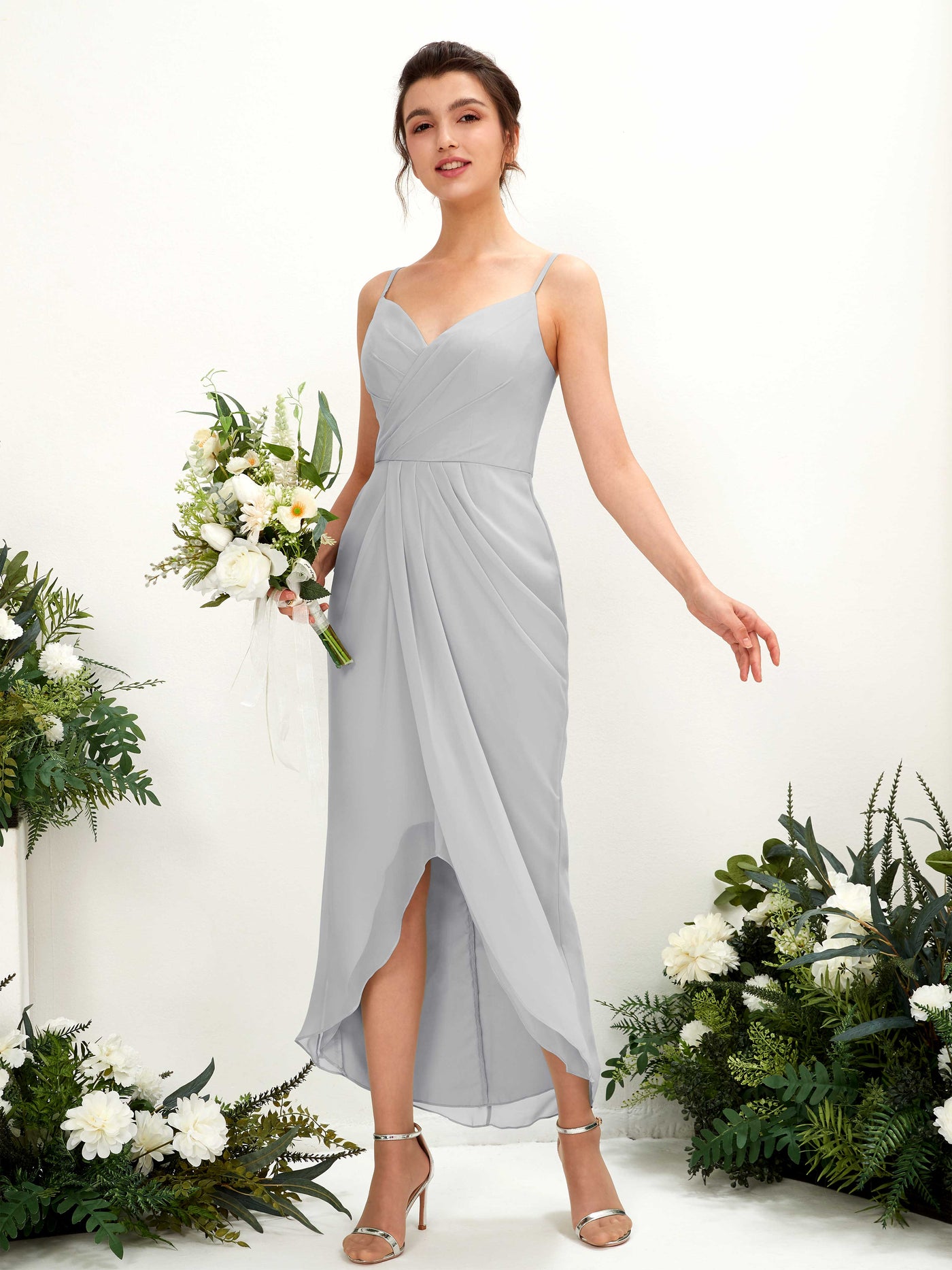 Spaghetti-straps V-neck Sleeveless Chiffon Bridesmaid Dress - Silver (81221327)#color_silver