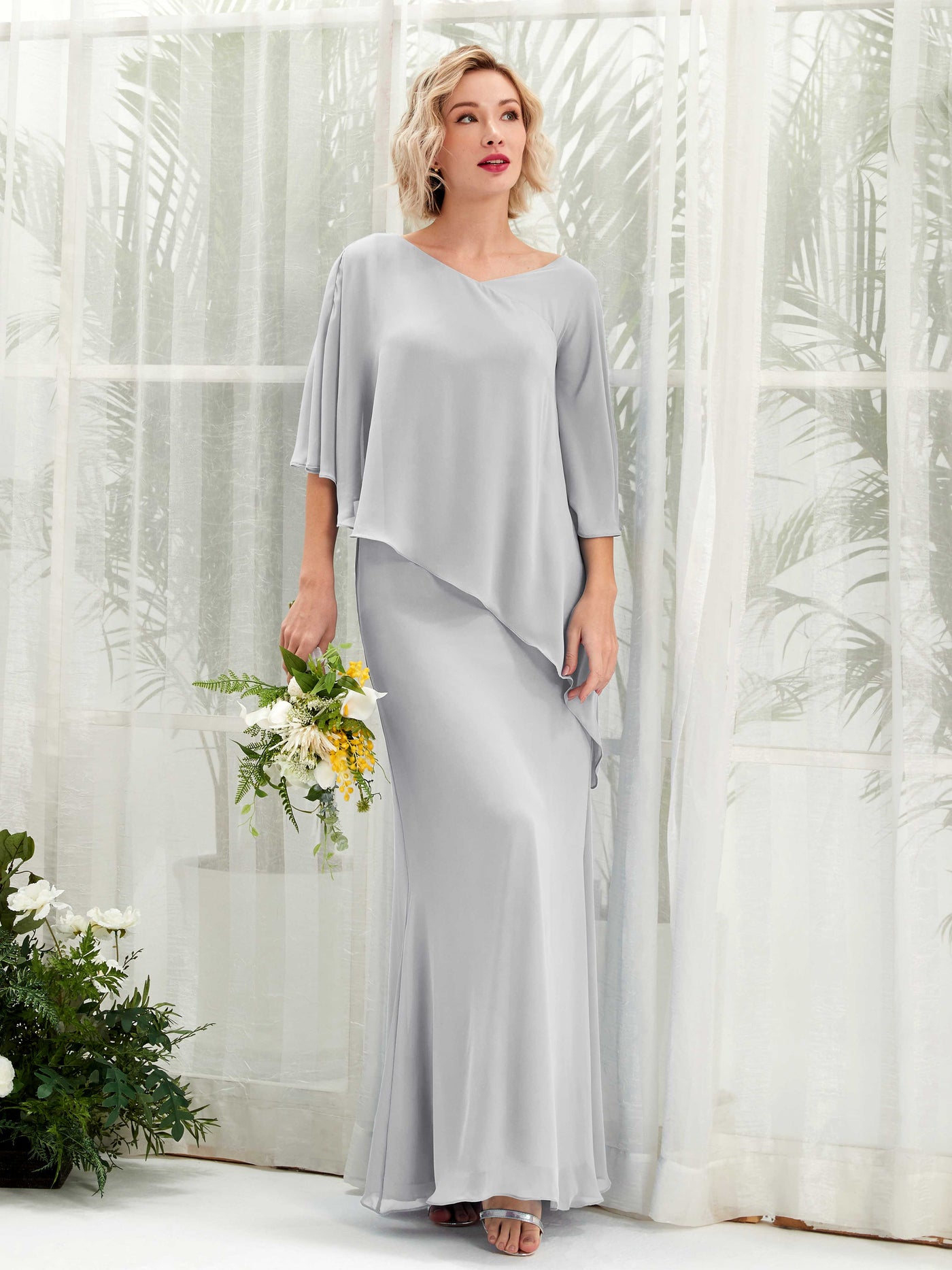 V-neck 3/4 Sleeves Chiffon Bridesmaid Dress - Silver (81222527)#color_silver