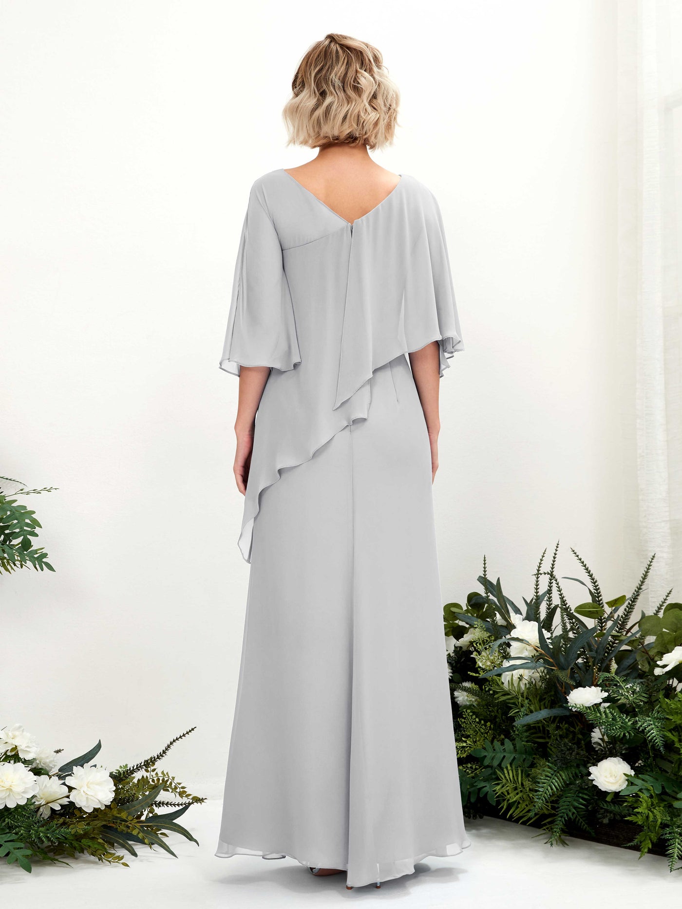 V-neck 3/4 Sleeves Chiffon Bridesmaid Dress - Silver (81222527)#color_silver