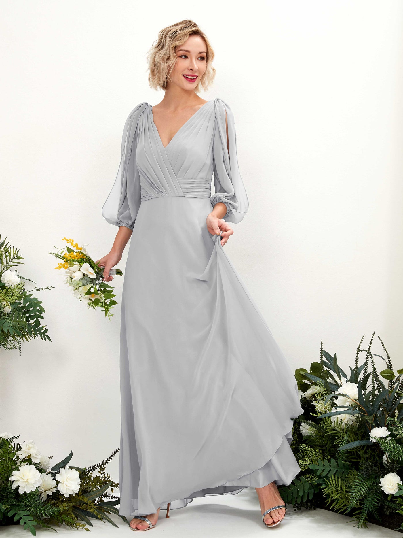V-neck 3/4 Sleeves Chiffon Bridesmaid Dress - Silver (81223527)#color_silver