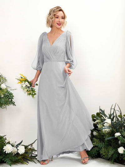 Carlyna Antonia A-Line Silver Bridesmaid Dress Maxi Three Quarter Sleeve V-Neck Dress Front View #color_silver