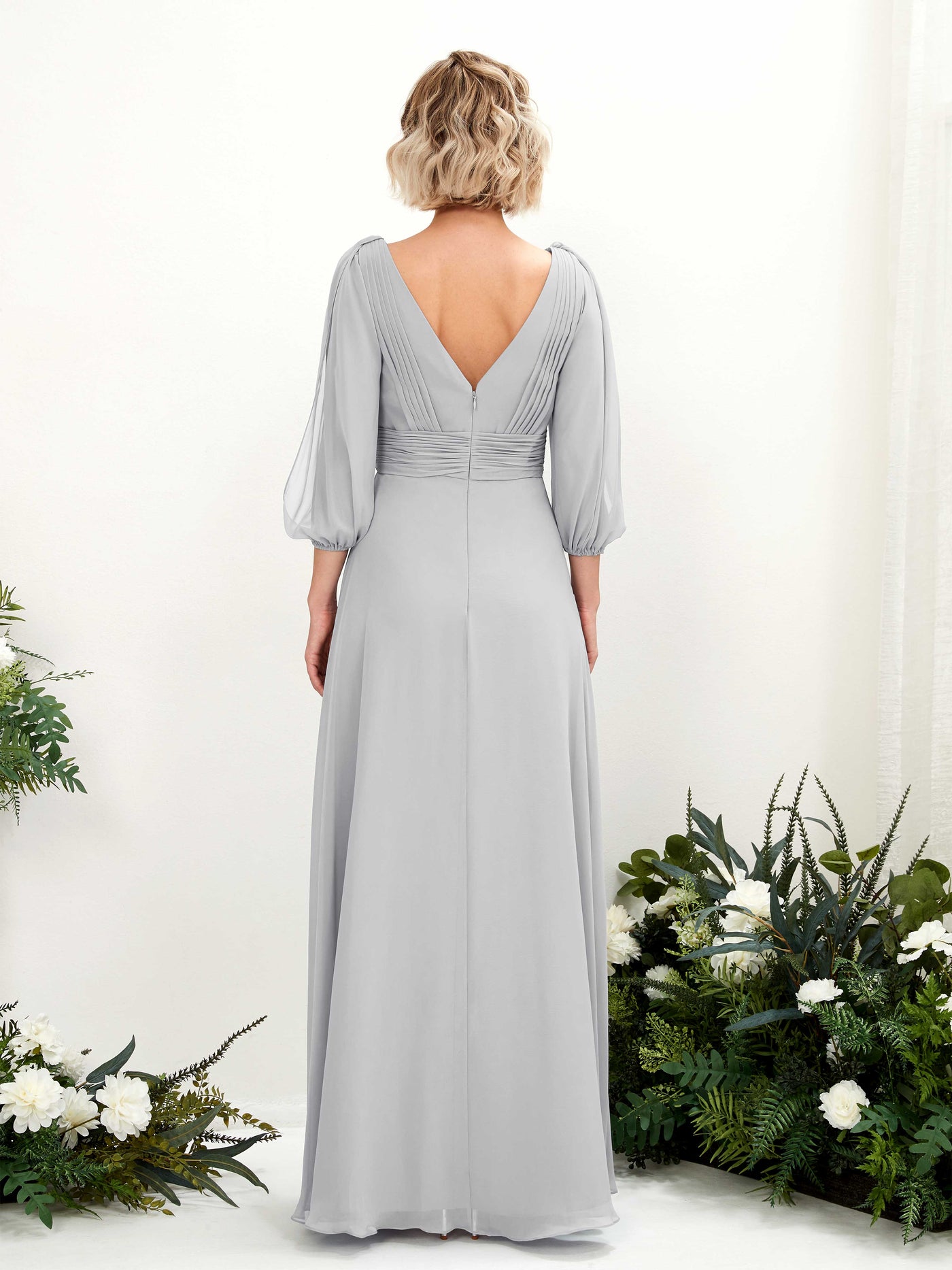 V-neck 3/4 Sleeves Chiffon Bridesmaid Dress - Silver (81223527)#color_silver