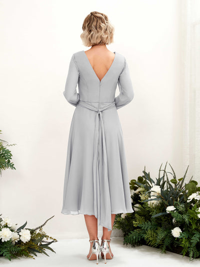 Carlyna Joanna A-Line Silver Bridesmaid Dress Midi Long Sleeve V-Neck  #color_silver