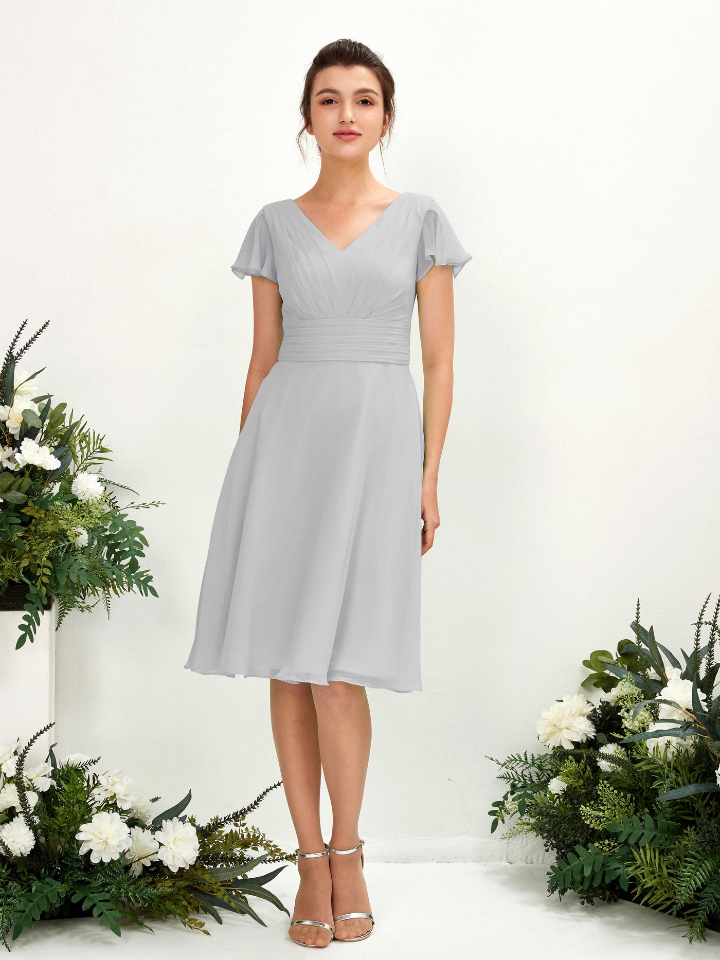 V-neck Short Sleeves Chiffon Bridesmaid Dress - Silver (81220227)#color_silver