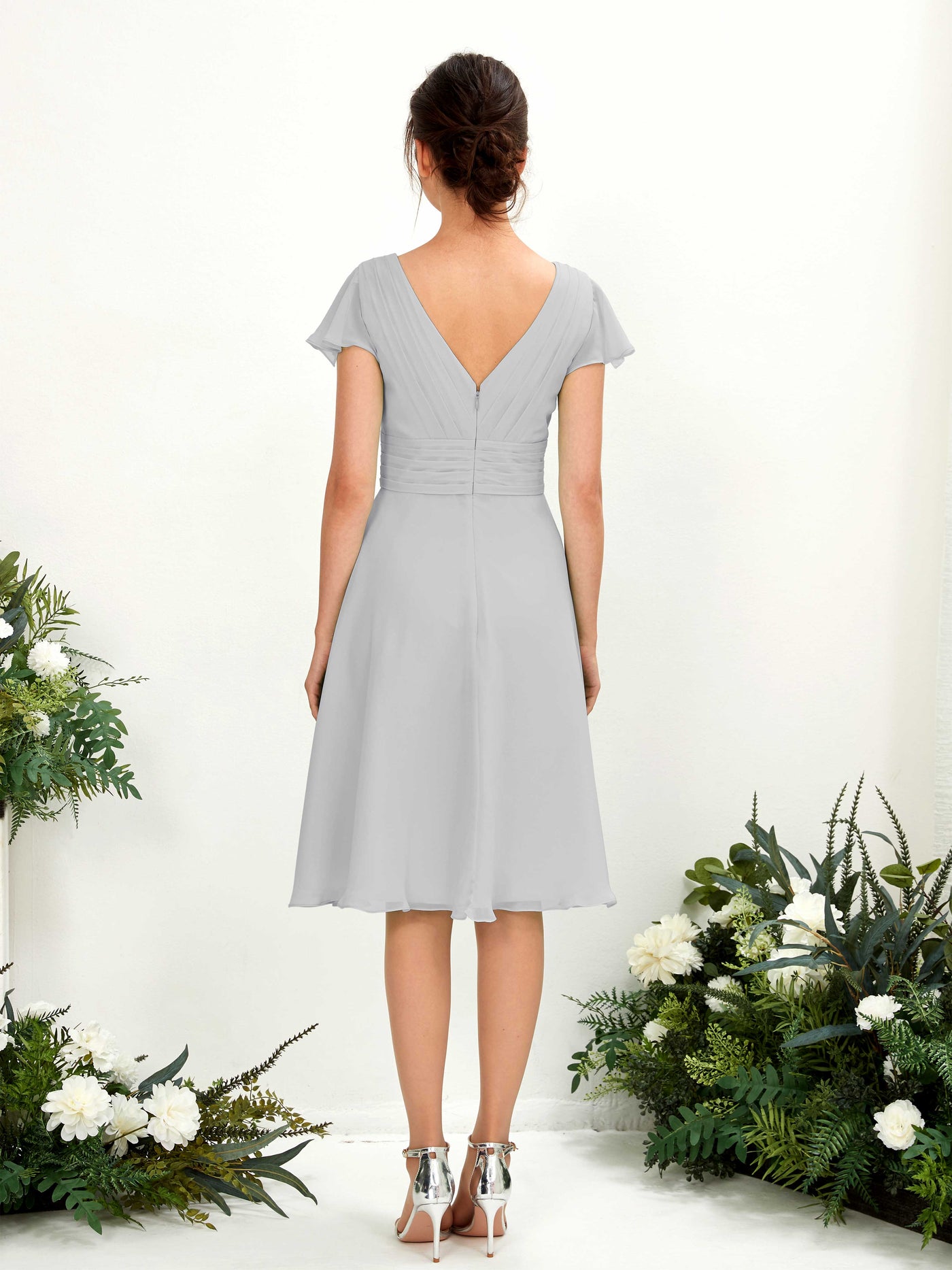 V-neck Short Sleeves Chiffon Bridesmaid Dress - Silver (81220227)#color_silver