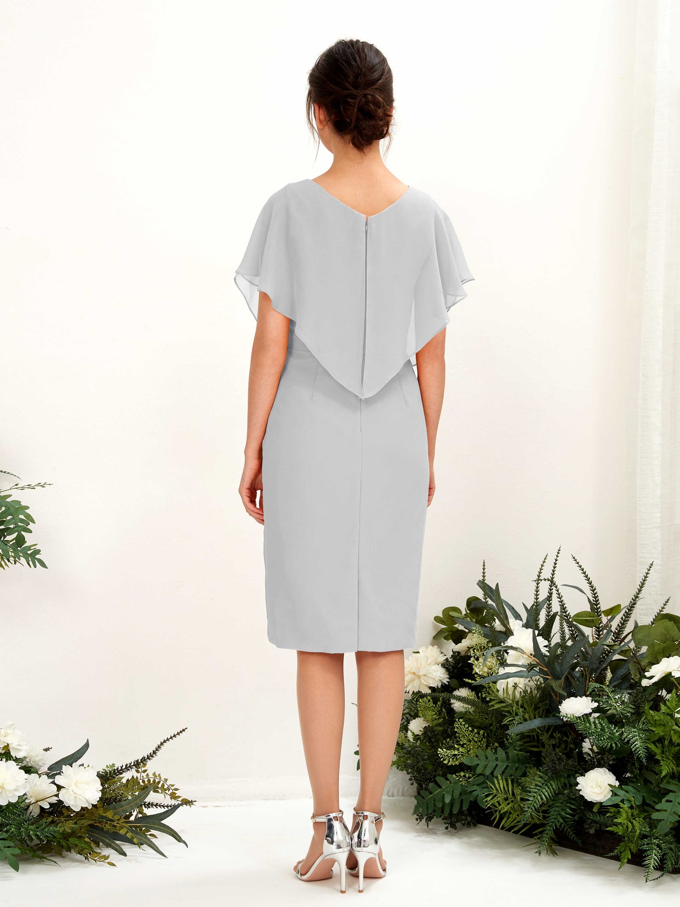 V-neck Short Sleeves Chiffon Bridesmaid Dress - Silver (81222227)#color_silver
