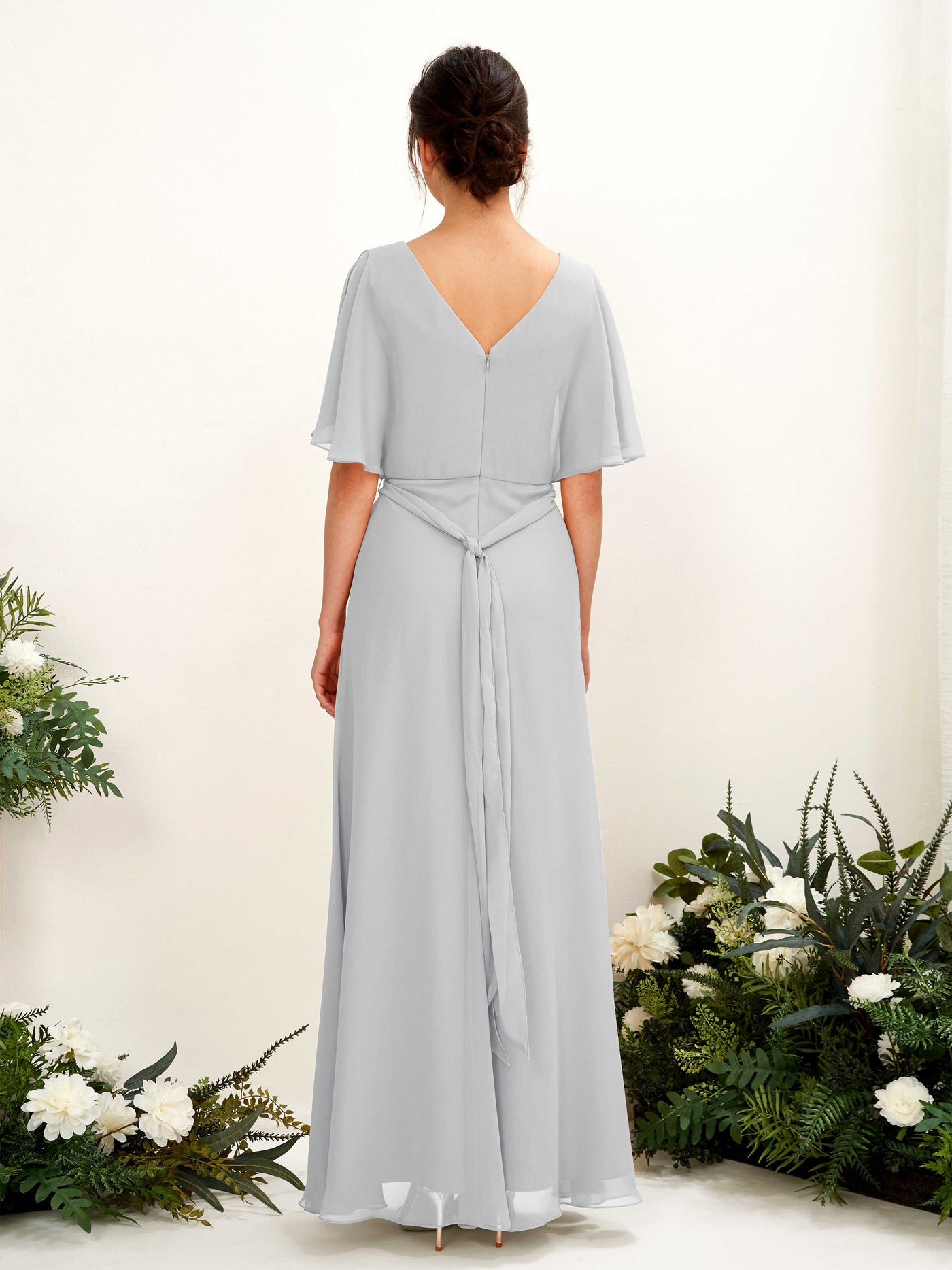 V-neck Short Sleeves Chiffon Bridesmaid Dress - Silver (81222427)#color_silver