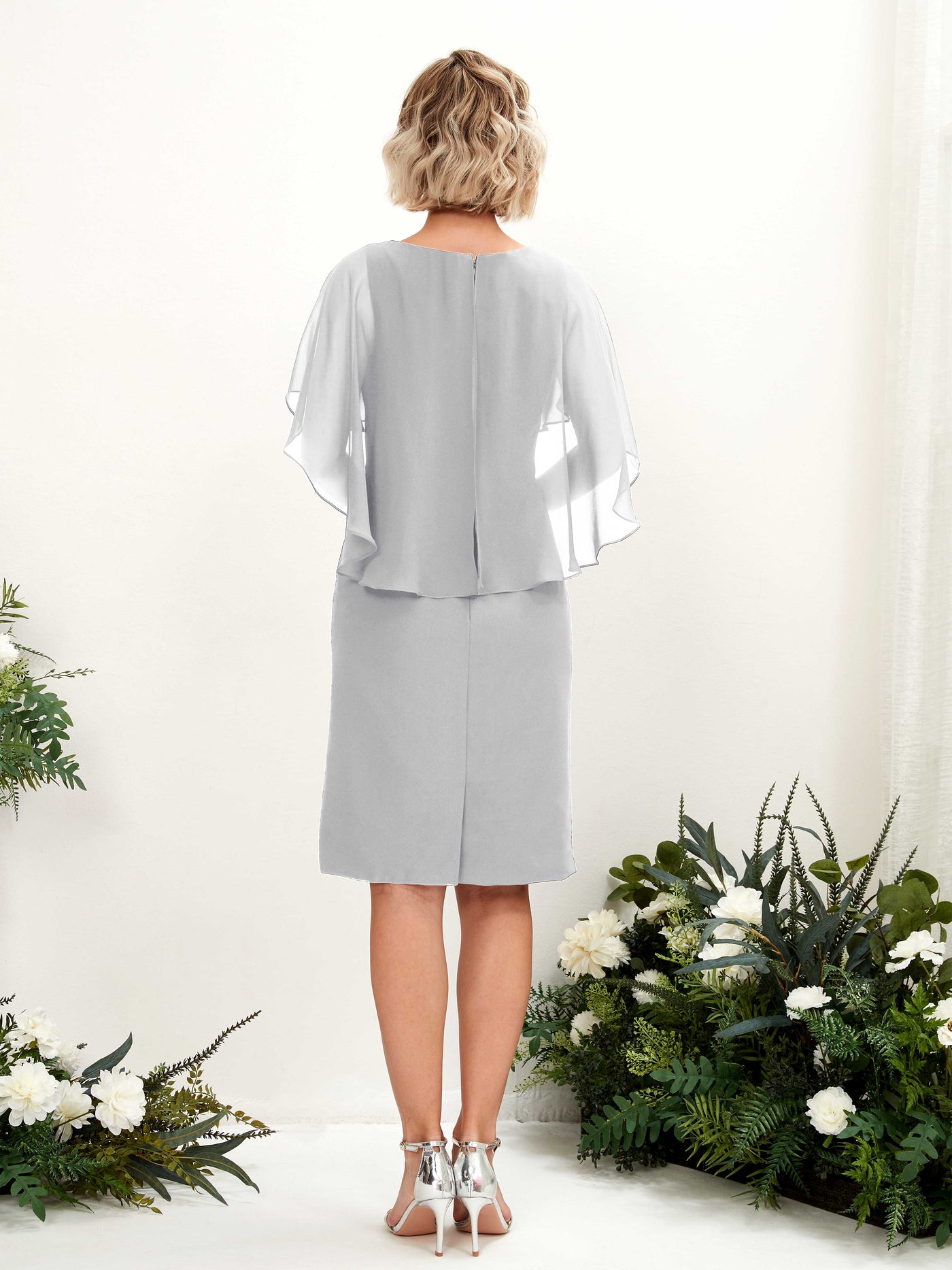 V-neck Short Sleeves Chiffon Bridesmaid Dress - Silver (81224027)#color_silver