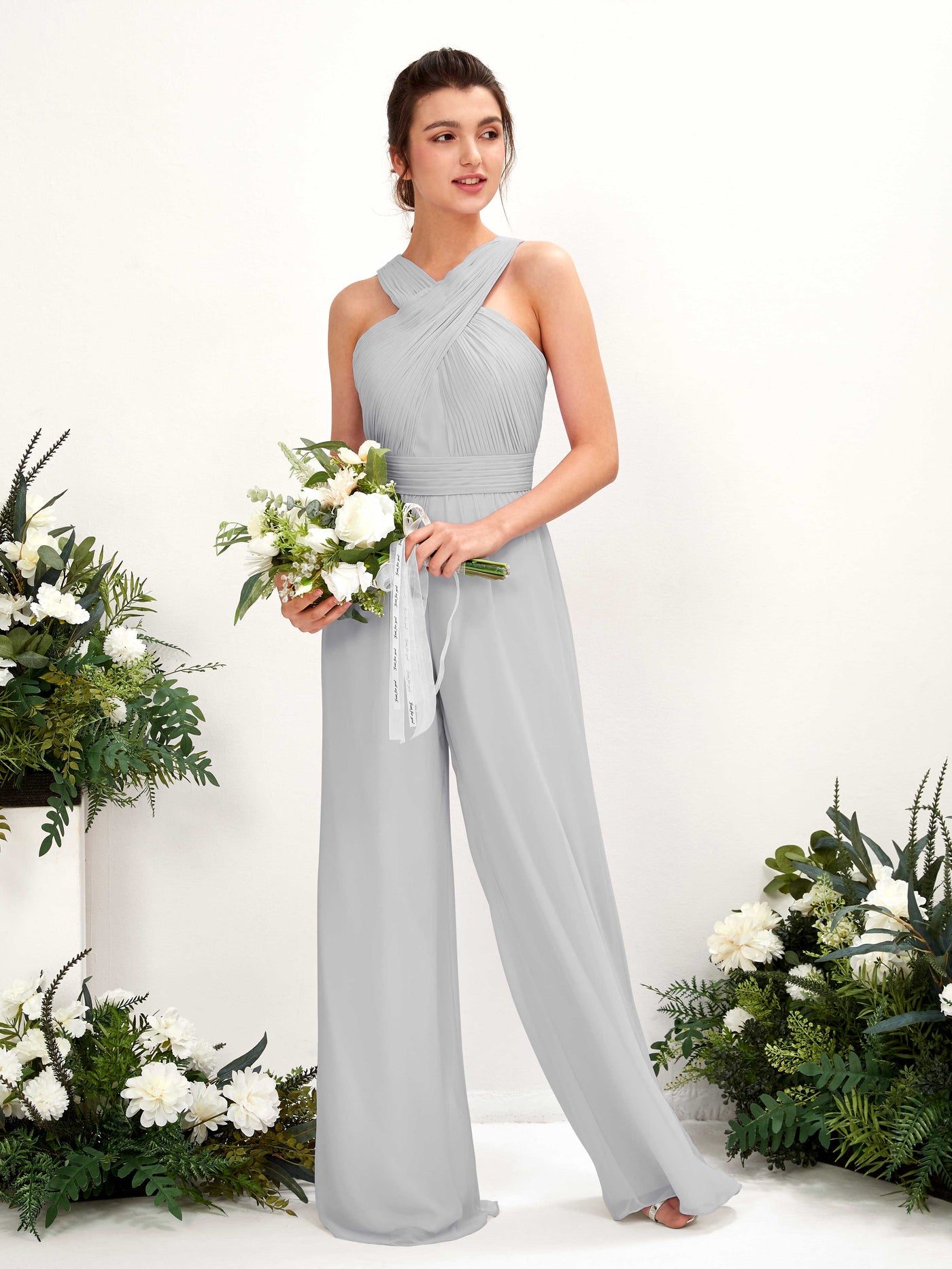 V-neck Sleeveless Chiffon Bridesmaid Dress Wide-Leg Jumpsuit - Silver (81220727)#color_silver