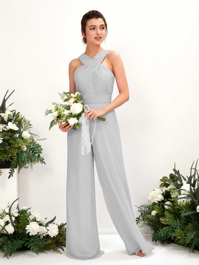 Carlyna Hilona Jumpsuit Silver Bridesmaid Dress Maxi Sleeveless V-Neck Dress Front View #color_silver