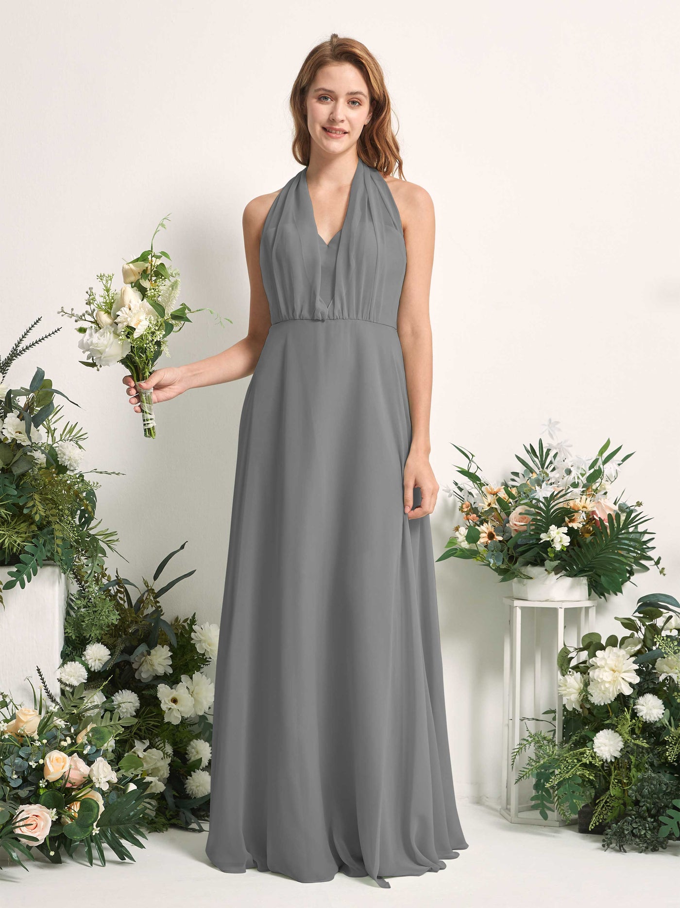 Bridesmaid Dress A-line Chiffon Halter Full Length Short Sleeves Wedding Party Dress - Steel Gray (81226320)#color_steel-gray