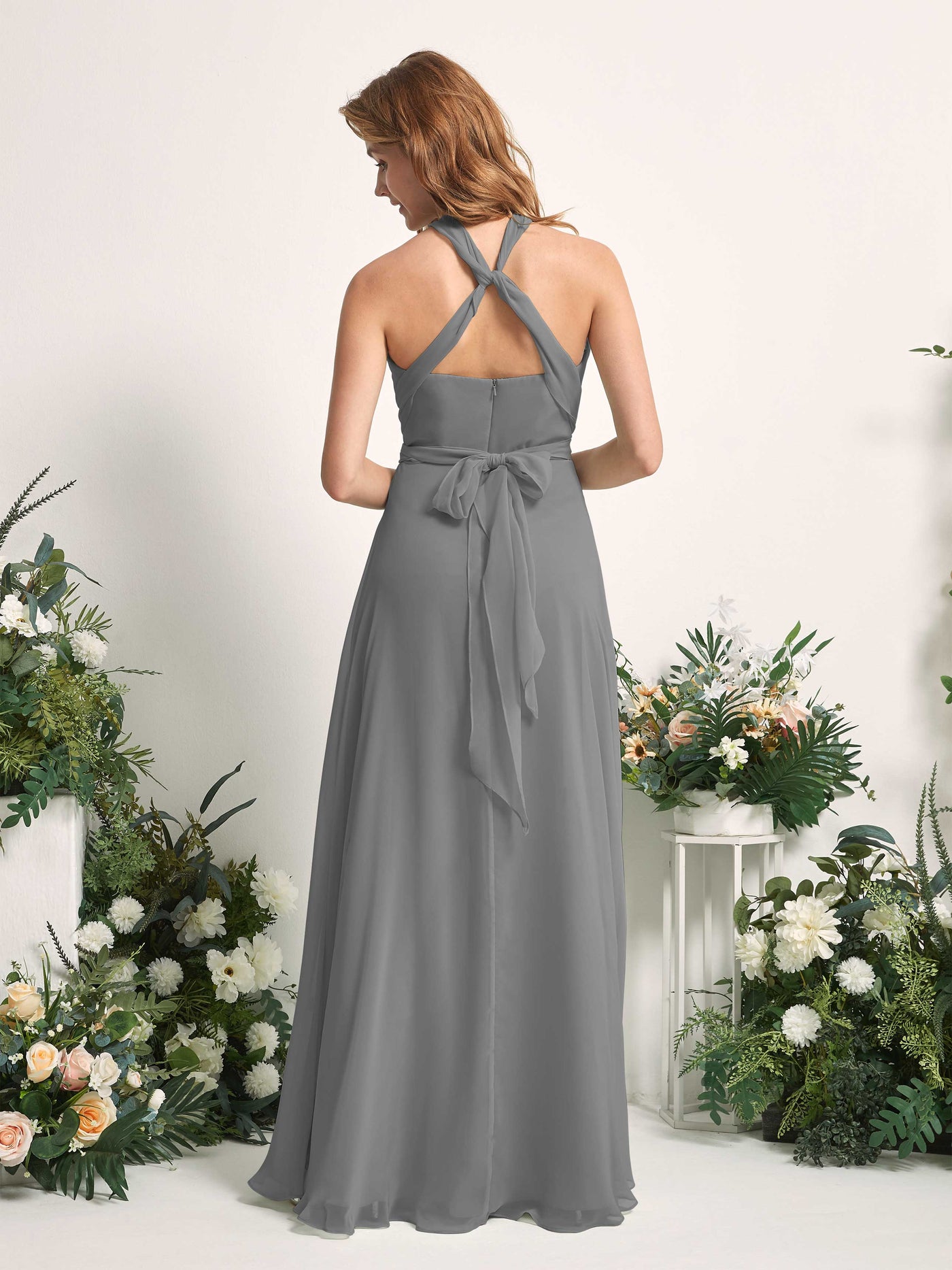 Bridesmaid Dress A-line Chiffon Halter Full Length Short Sleeves Wedding Party Dress - Steel Gray (81226320)#color_steel-gray