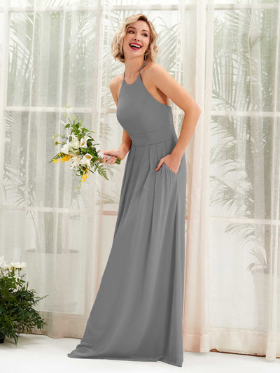 Carlyna Frances A-Line Steel Gray Bridesmaid Dress Maxi Sleeveless Round Neck Dress Front View #color_steel-gray