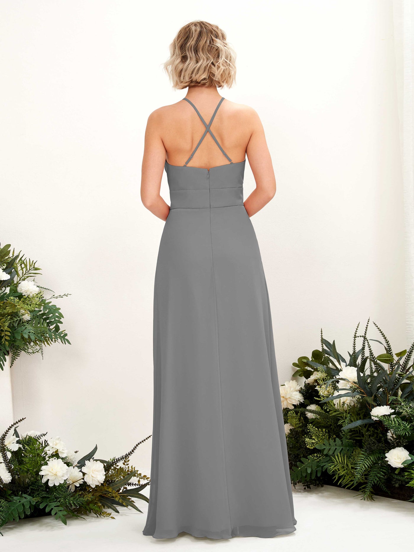 A-line Ball Gown Halter Spaghetti-straps Sleeveless Bridesmaid Dress - Steel Gray (81225220)#color_steel-gray