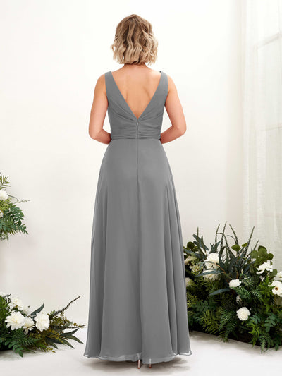 Carlyna Brianna A-Line Steel Gray Bridesmaid Dress Maxi Sleeveless Boat Neck Dress Back View #color_steel-gray