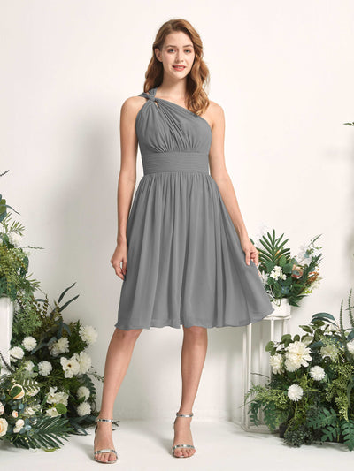 Carlyna Echo A-Line Steel Gray Bridesmaid Dress Knee-Length Sleeveless One Shoulder Dress Front View #color_steel-gray