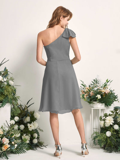 Carlyna Brenda A-Line Steel Gray Bridesmaid Dress Knee-Length Sleeveless One Shoulder Dress Back View #color_steel-gray